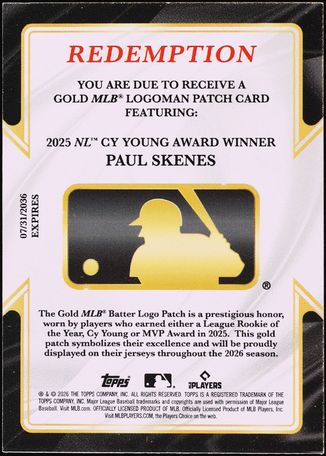 2026 Topps Chrome NL Cy Young Award Paul Skenes GOLD MLB LOGOMAN PATCH /4, Redemption